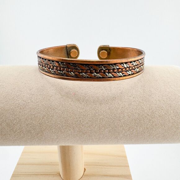 Vintage Copper Magnetic Cuff Bracelet Woven Brass Silver Tone Mixed Metal Retro - Picture 5 of 9